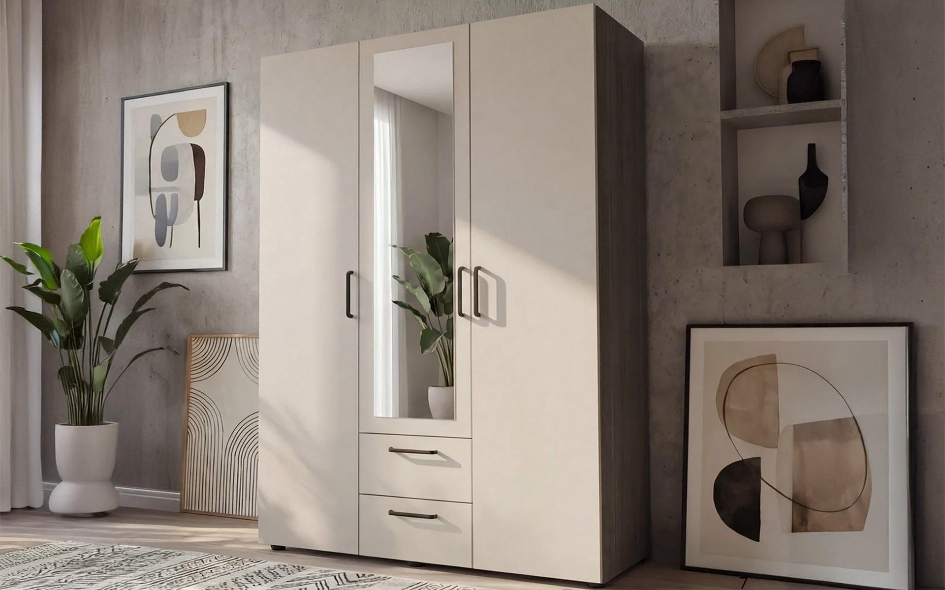 Wardrobe with clothes rod and shelves Bruno M 2, Anthracite oak + cashmere  1